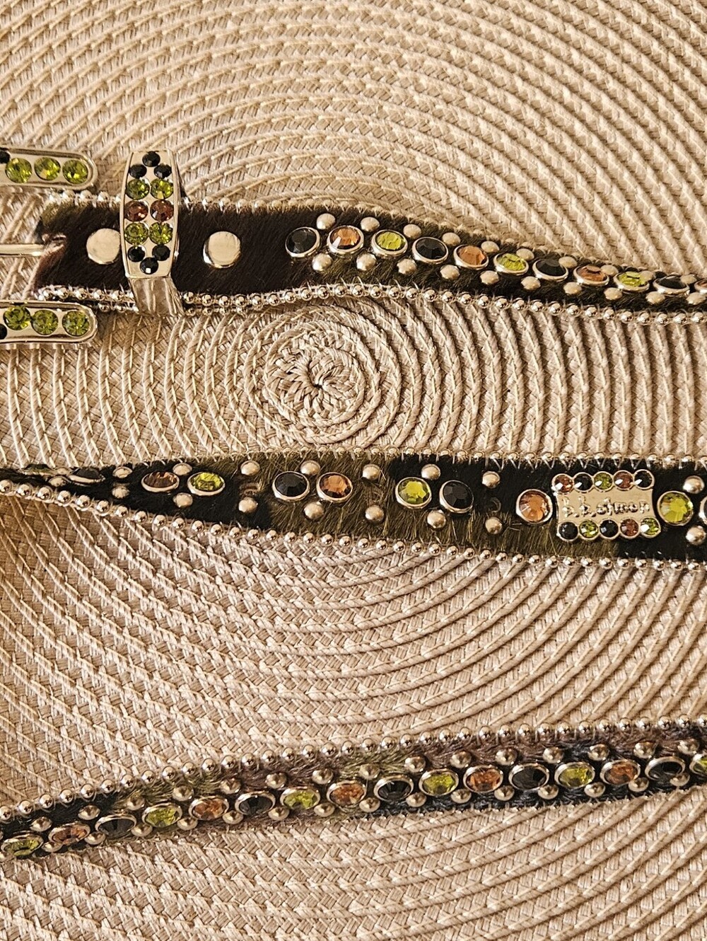 B.B. Simon Hair on Hide Leather Rhinestone Belt – Olive & Amber Crystals